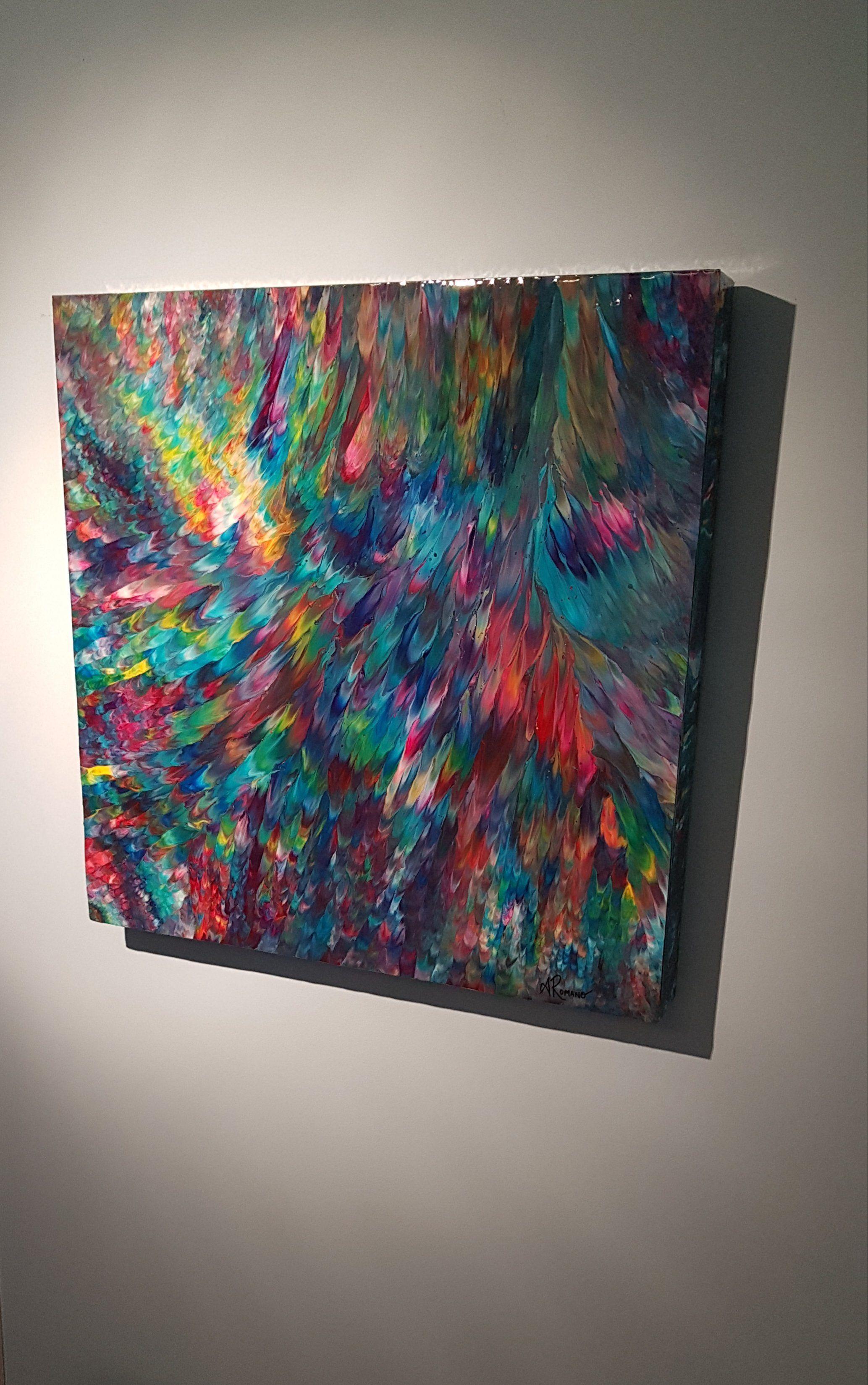 Psychedelic Waterfall No. 6 is a bold abstract painting with beautiful motion and vibrant colours. This original statement piece has a high gloss resin finish which brings out the colours even more and is created on a custom made wood canvas with