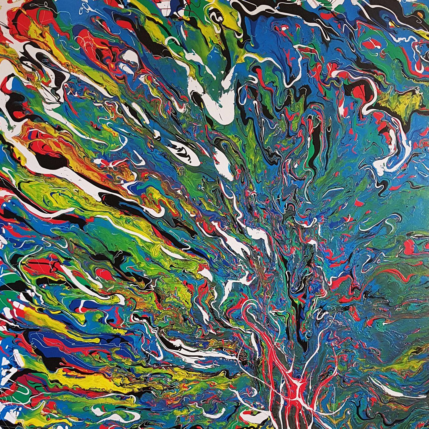Flowing movement, unique textures, and gorgeous blues interact with white, green, yellow, red, and black in this large abstract expressionism painting. A custom-made wood canvas was painted with 3" thick white sides; the white basecoat, with random