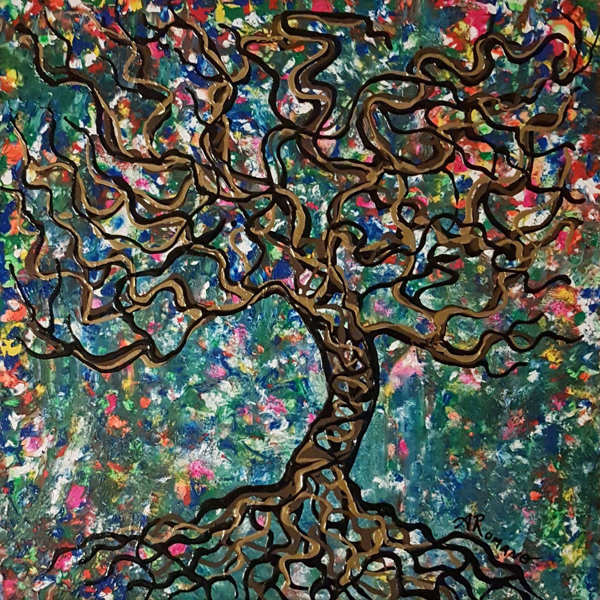 "Roots" is a unique piece with textured whimsical tree branches created over an expressive abstract background consisting of dark green and blue paint and vibrant accents colours. The tree trunk, roots, and branches pop out from the surface