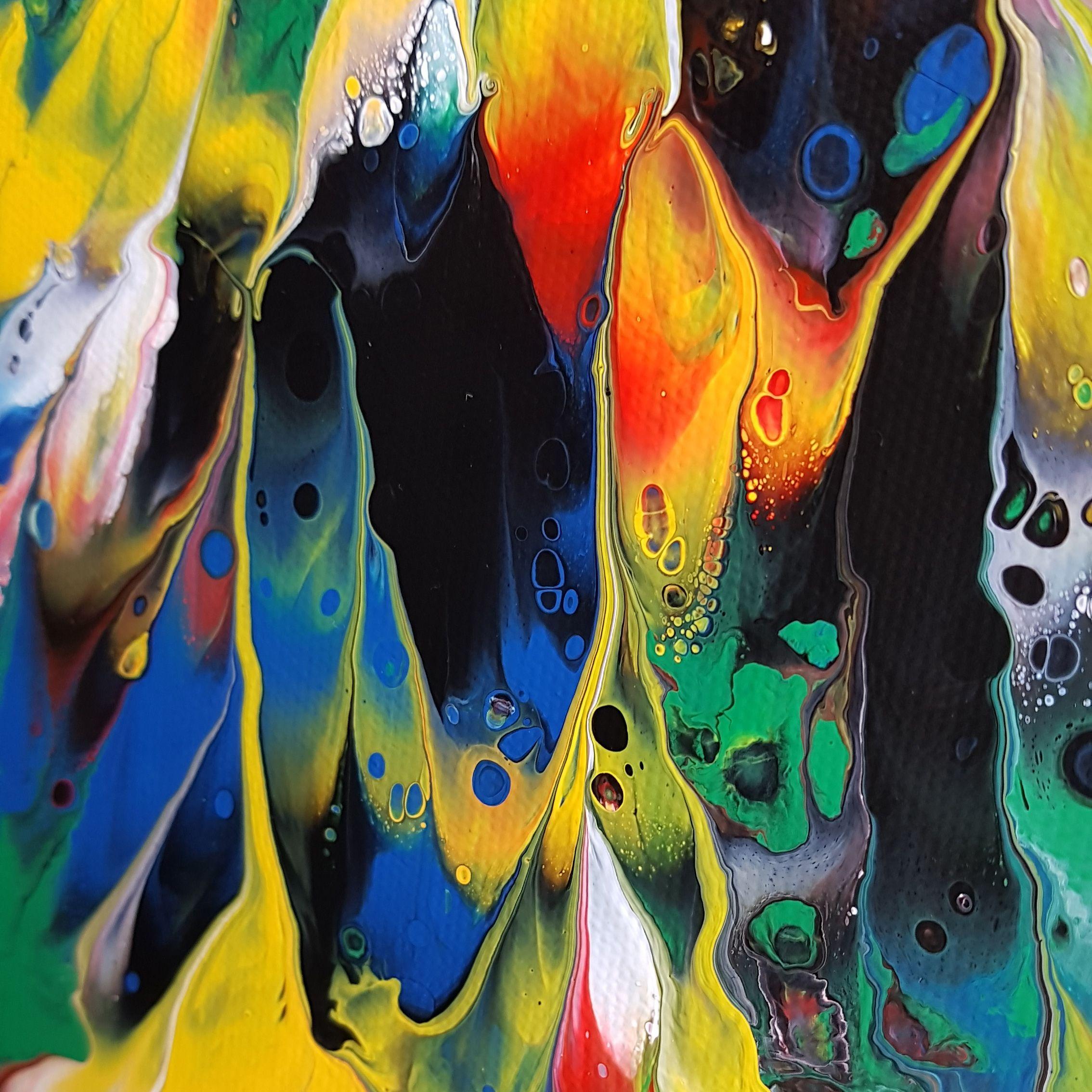 Secrets of the Ooze is an original, one-of-a-kind, abstract expressionism painting with a beautiful custom mixed green hue, complimenting with vibrant red, yellow, blue, white and black. Created with high quality acrylic paints on gallery wrapped