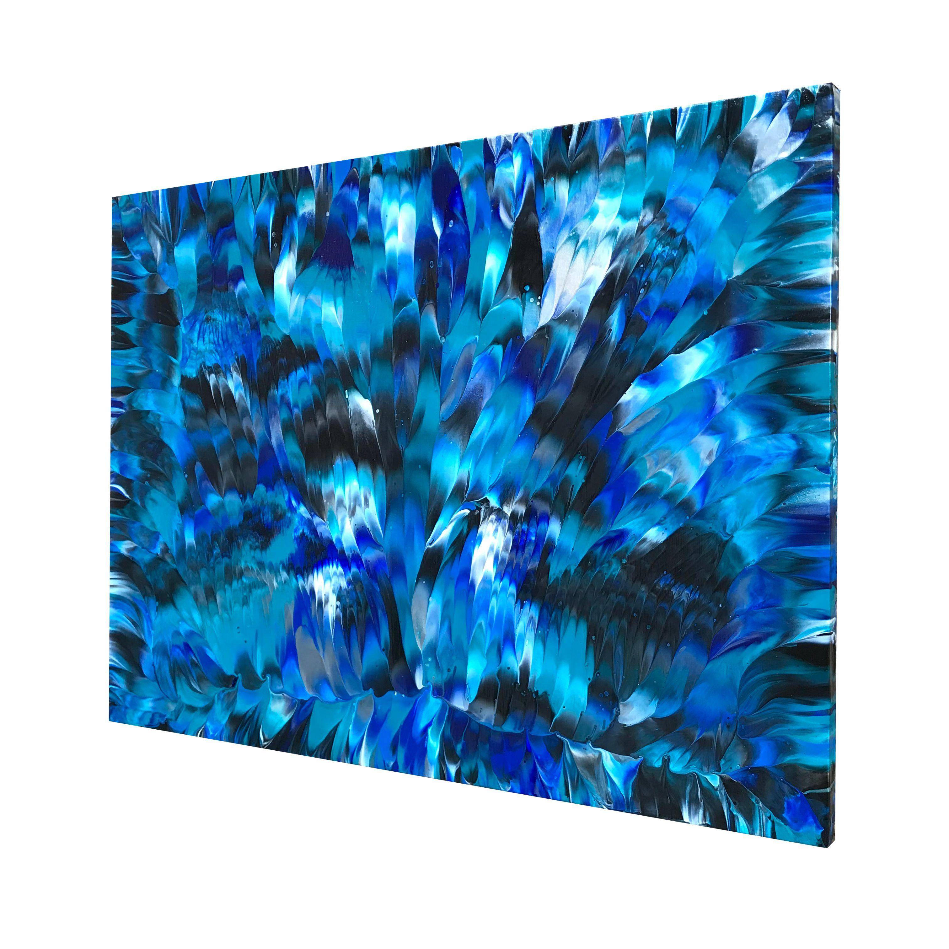 Sub-Zero is an original, spontaneous, abstract expressionism action painting with fierce brush stroke lines and movement resembling blue jay feathers or any Canadian birds that bear the sub-zero temperatures in the Winter. This painting features