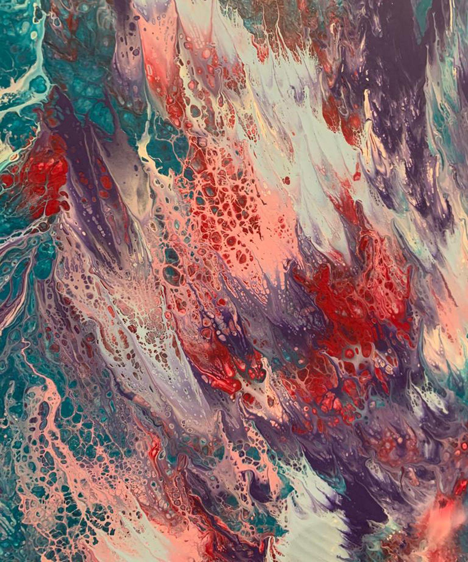 Questo quadro dai colori vivaci e dalle texture uniche è stato realizzato su una grande tela di legno su misura con lati di 3 pollici dipinti nello stesso stile della parte anteriore. In questo modo si crea un dipinto che risalta in tutte le