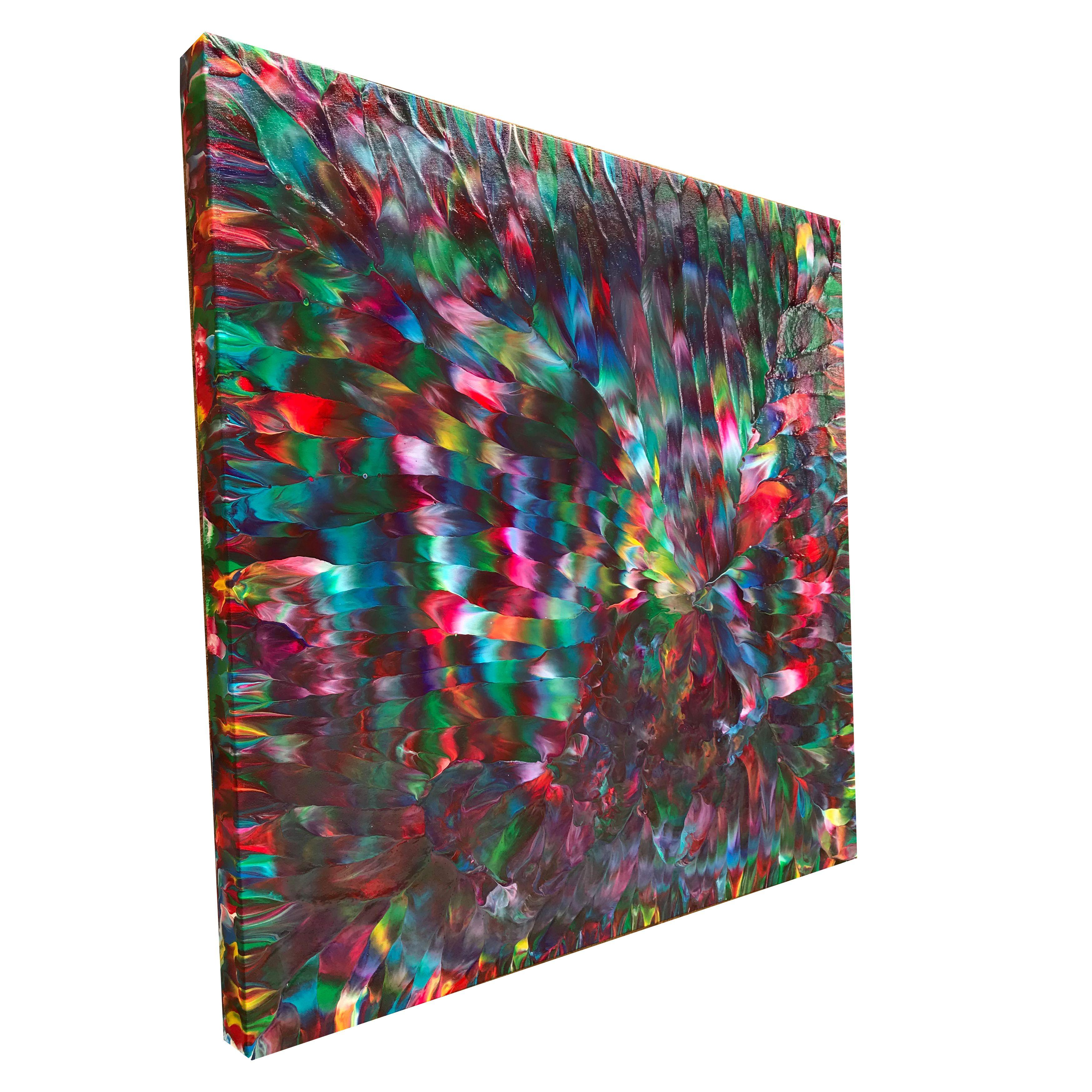 The Vortex of Eden is an original, spontaneous, abstract expressionism painting, painted with a beautiful emerald green color, complimenting the bold and vibrant red and magenta used. Deep, rich burgundy and purple tones, allow for the swirling