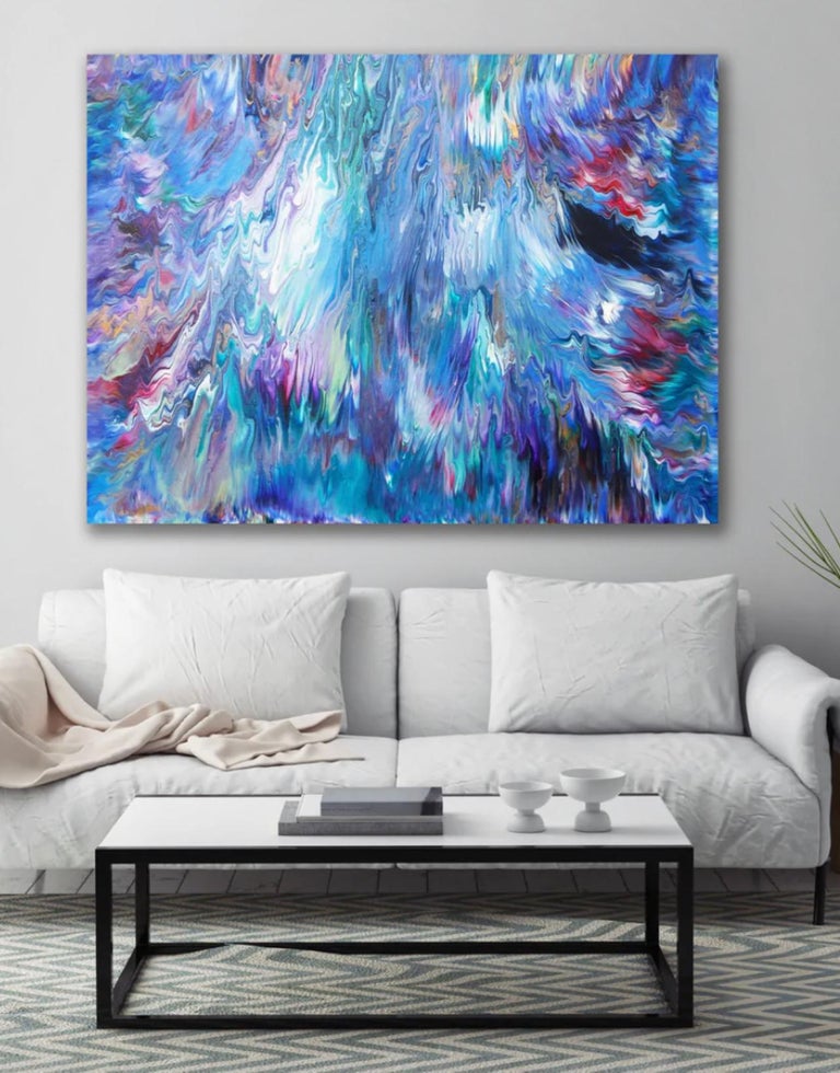Using a meditative process the colours are chosen by just being in the here and now; letting the present moment take importance. There is an overwhelming hue and surge of blues. The Artist understands colour creating an energy wave of impasto