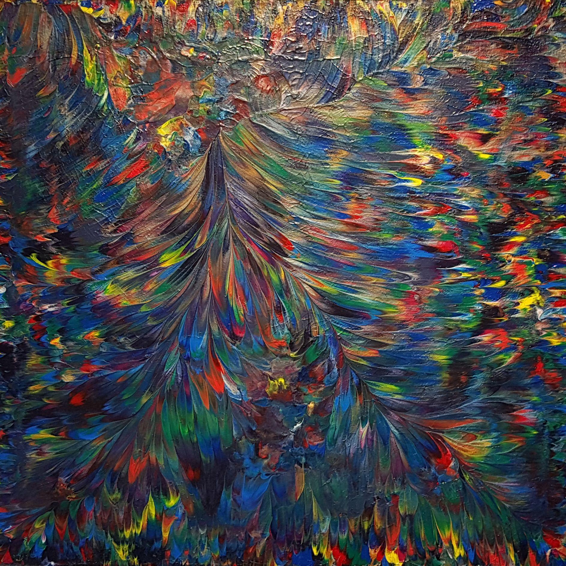 Alexandra Romano Abstract Painting – Wilder Pfau  36" x 36", Gemälde, Acryl auf Leinwand