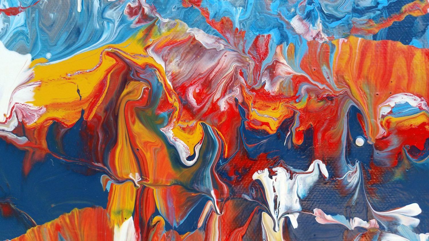 Wilderness is an original abstract expressionism painting with a unique juxtaposition of white and blue hues, interacting with complimentary orange-red hues. This one-of-a-kind piece represents seasons changing; figuratively, in our lives. 