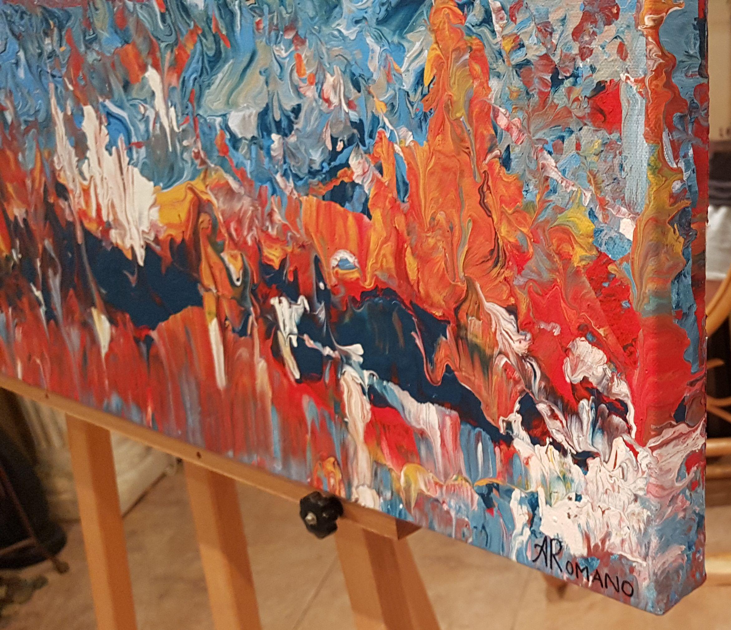 A beautiful abstract with flowing movement, texture, and a unique juxtaposition of white, blue, and complementary red and orange hues. The unique piece symbolizes how our lives change as seasons change. 