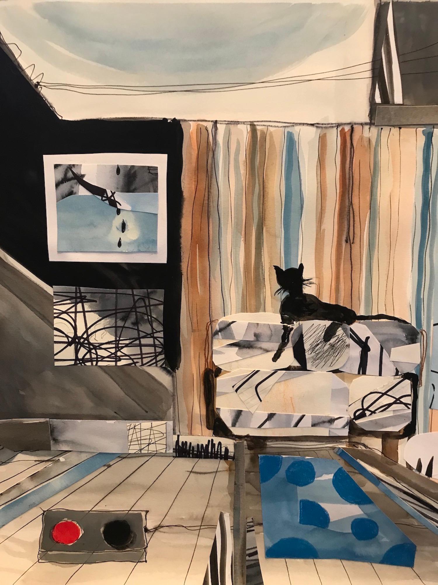 Alexandra Rozenman Interior Painting - "A Cat - the Art Collector", watercolor, collage, grey, blue, brown, black