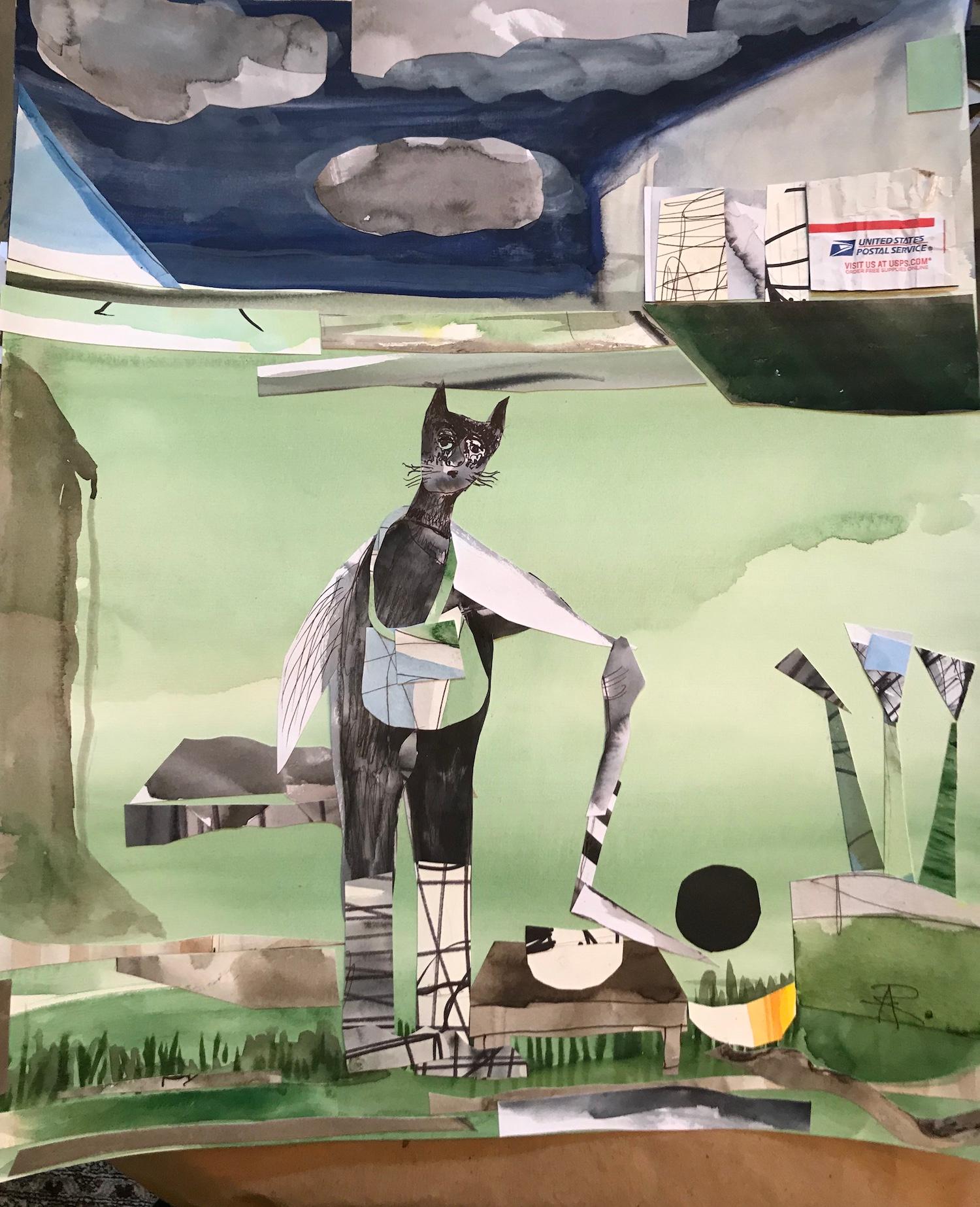 "Cat-a-Mailman", watercolor, collage, whimsical, landscape, green, blue, clouds - Mixed Media Art by Alexandra Rozenman