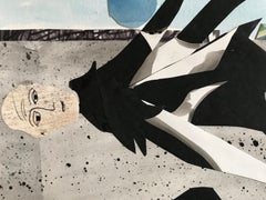 "New Feathers", Contemporary Landscape, Angel, Black, Grey, Watercolor, Collage