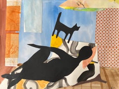 "Hablando con un gato en un sofá", Collage contemporáneo, negro, técnica mixta, 2020