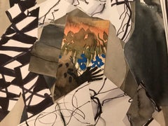 "The Family", Landscape, Cat, Bird, Dragon, Blue, Grey, Watercolor, Collage