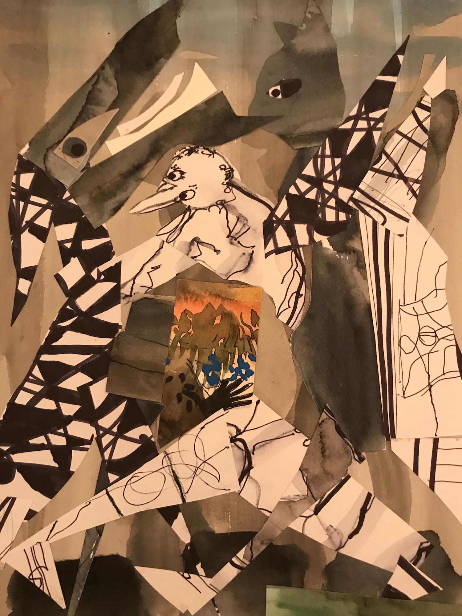 "La Familia", Paisaje, Gato, Pájaro, Dragón, Azul, Acuarela, Collage, 2020