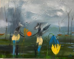 "A Gift", oil painting, surreal, creatures, landscape, blue, grey, yellow 