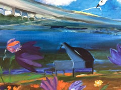 "A Silence of Late October", oil painting, landscape, piano, birds, beach, blue