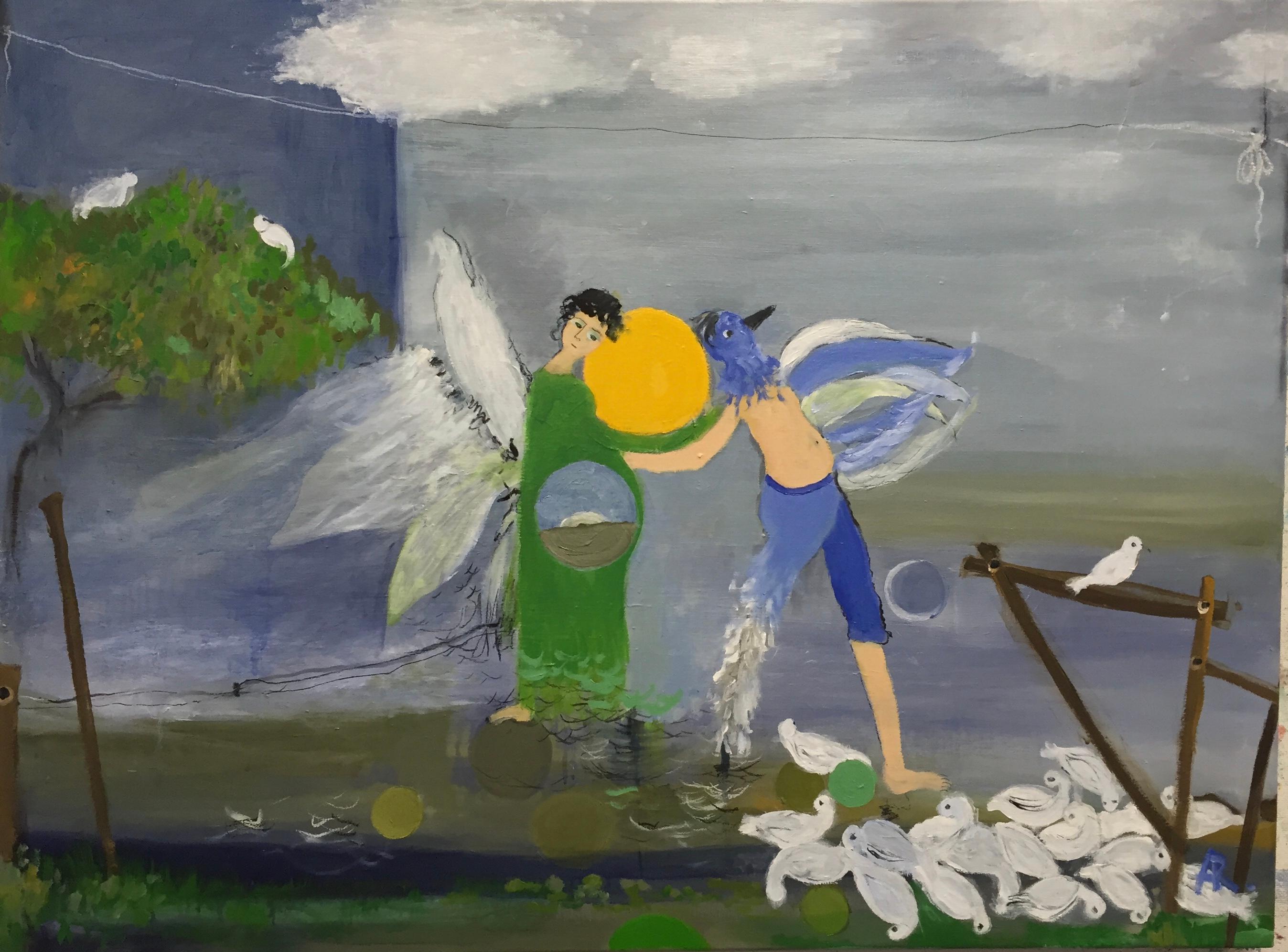 Alexandra Rozenman Landscape Painting - "After the War", surreal, birds, white, yellow, green, blue, oil painting