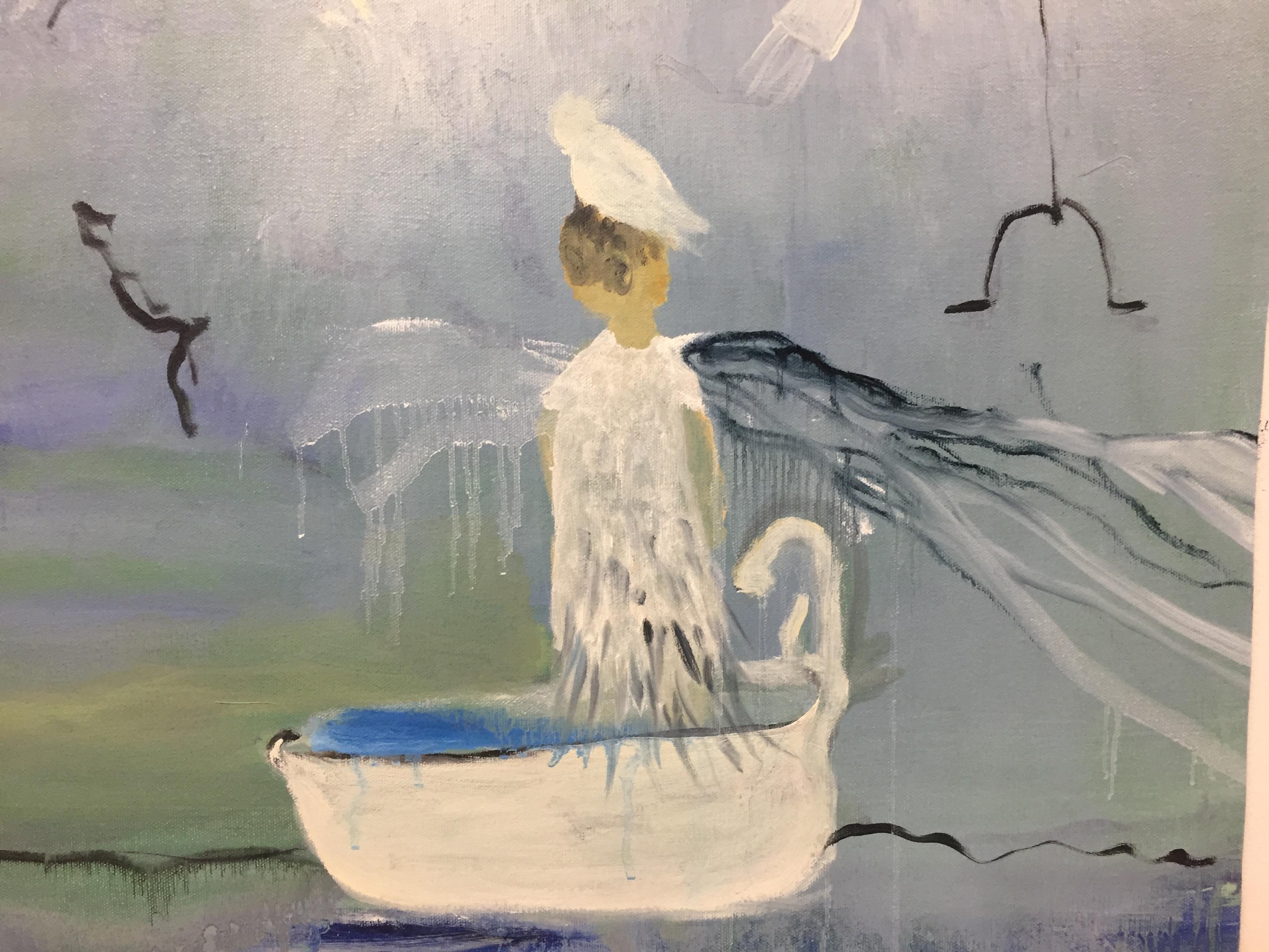 « Air #3 », paysage, océan, eau, navire, oiseaux, violet, vert, peinture à l'huile - Contemporain Painting par Alexandra Rozenman