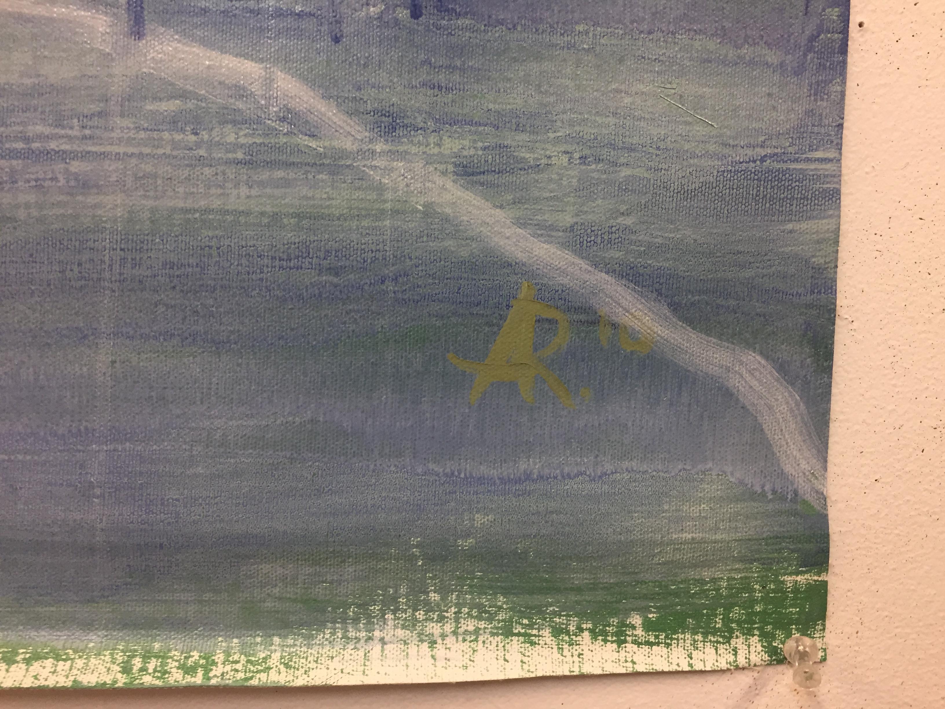 « Air #3 », paysage, océan, eau, navire, oiseaux, violet, vert, peinture à l'huile en vente 1