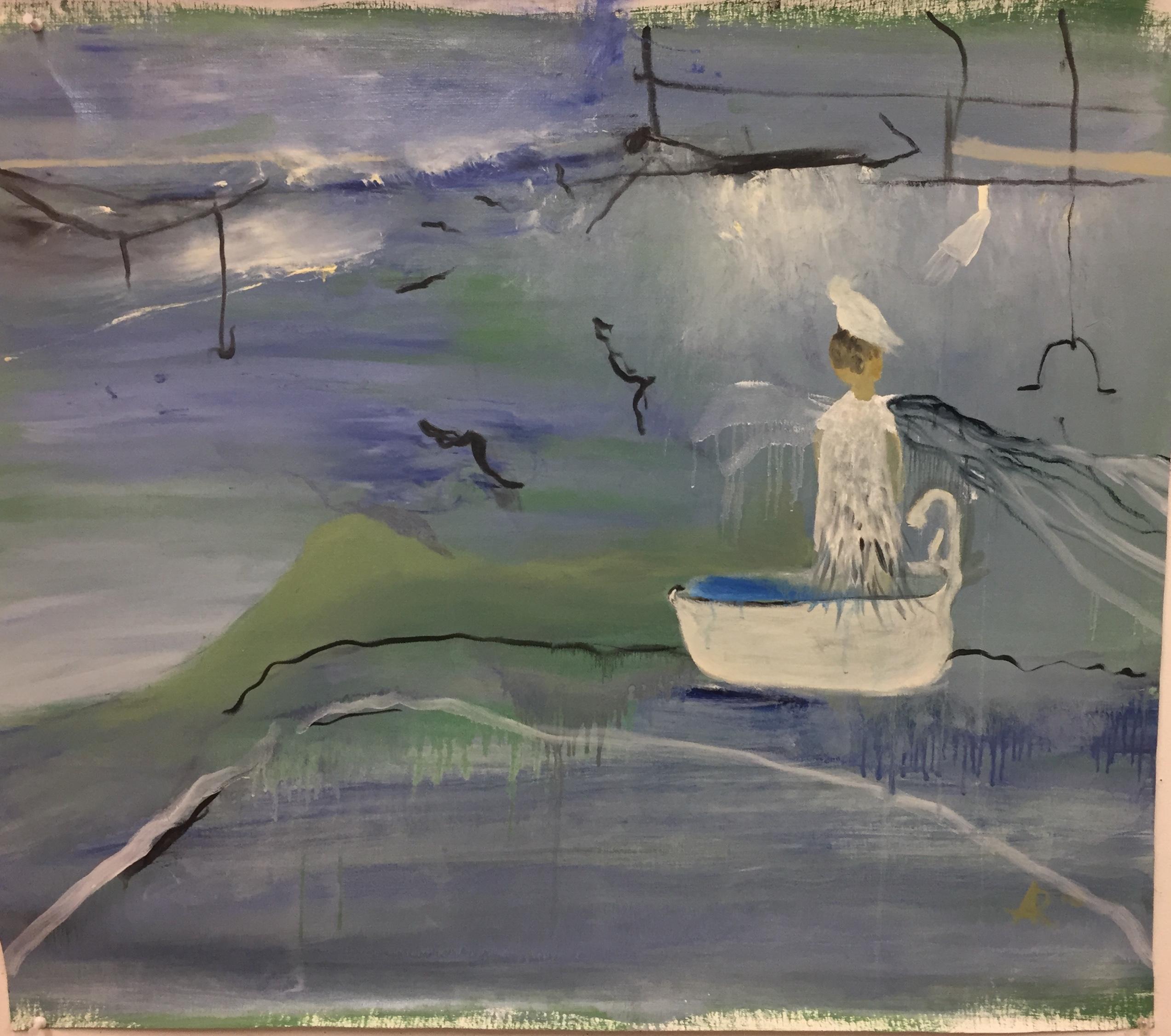 "Air #3", landscape, ocean, water, ship, birds, purple, green, oil painting - Painting by Alexandra Rozenman