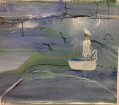"Air #3", landscape, ocean, water, ship, birds, purple, green, oil painting