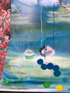 "Blind Date on Brooklyn Bridge", Contemporary, Whimsical, Blue, Oil Painting