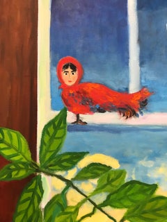 "Cats don't Fly", Surréaliste, Paysage, Fenêtre, Intérieur, Orange, Peinture à l'huile