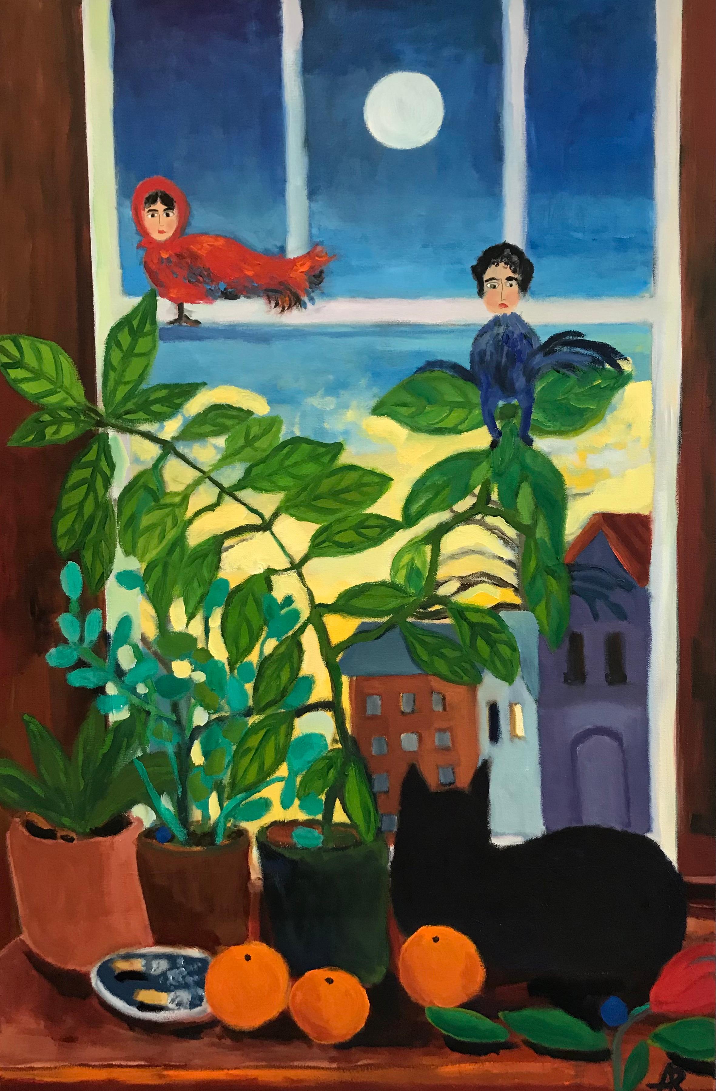 "Cats don't Smoke", surreal, landscape, window, interior, orange, oil painting - Painting by Alexandra Rozenman