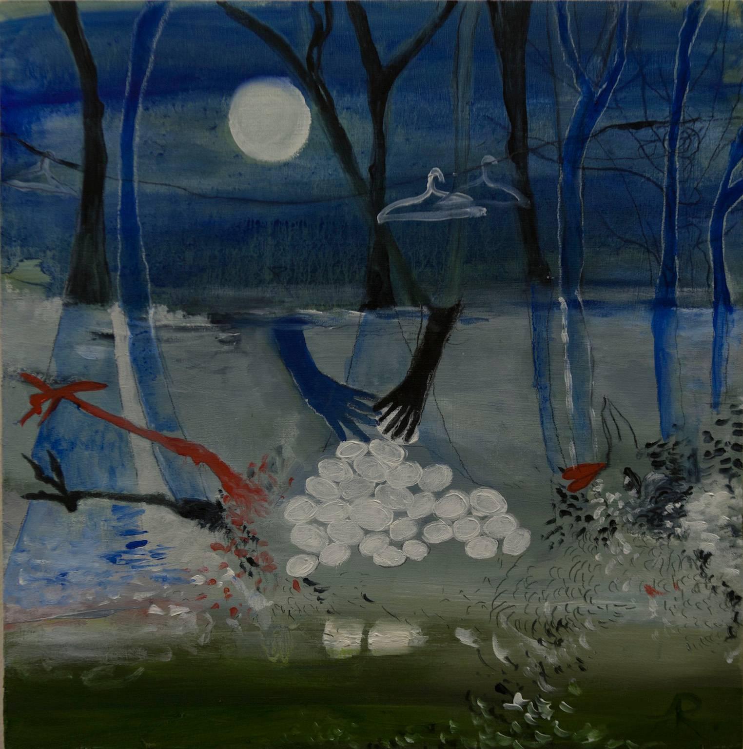 "Clean Hands", night scene, dark, blue, white, black, red, oil painting