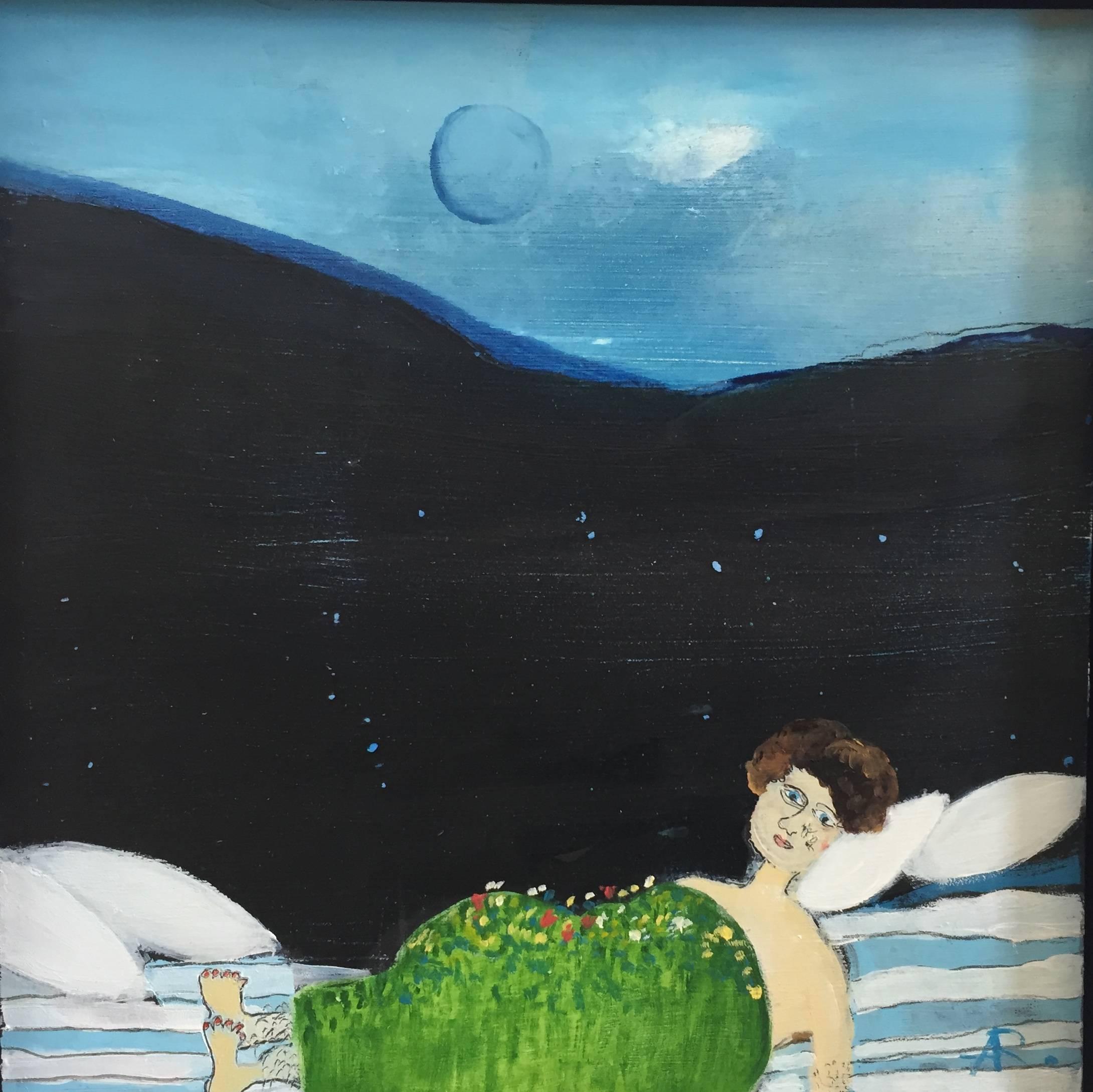 Alexandra Rozenman Landscape Painting - "Early Spring", contemporary, dreamscape, girl, blue, green, black, oil painting