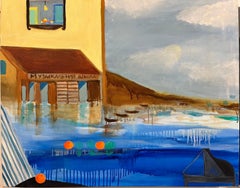 "Flood in a Music School", landscape, blue, yellow, piano, boat, oil painting
