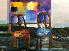 "Flood in a Studio of an Abstract Painter", oil painting, interior, chairs, blue