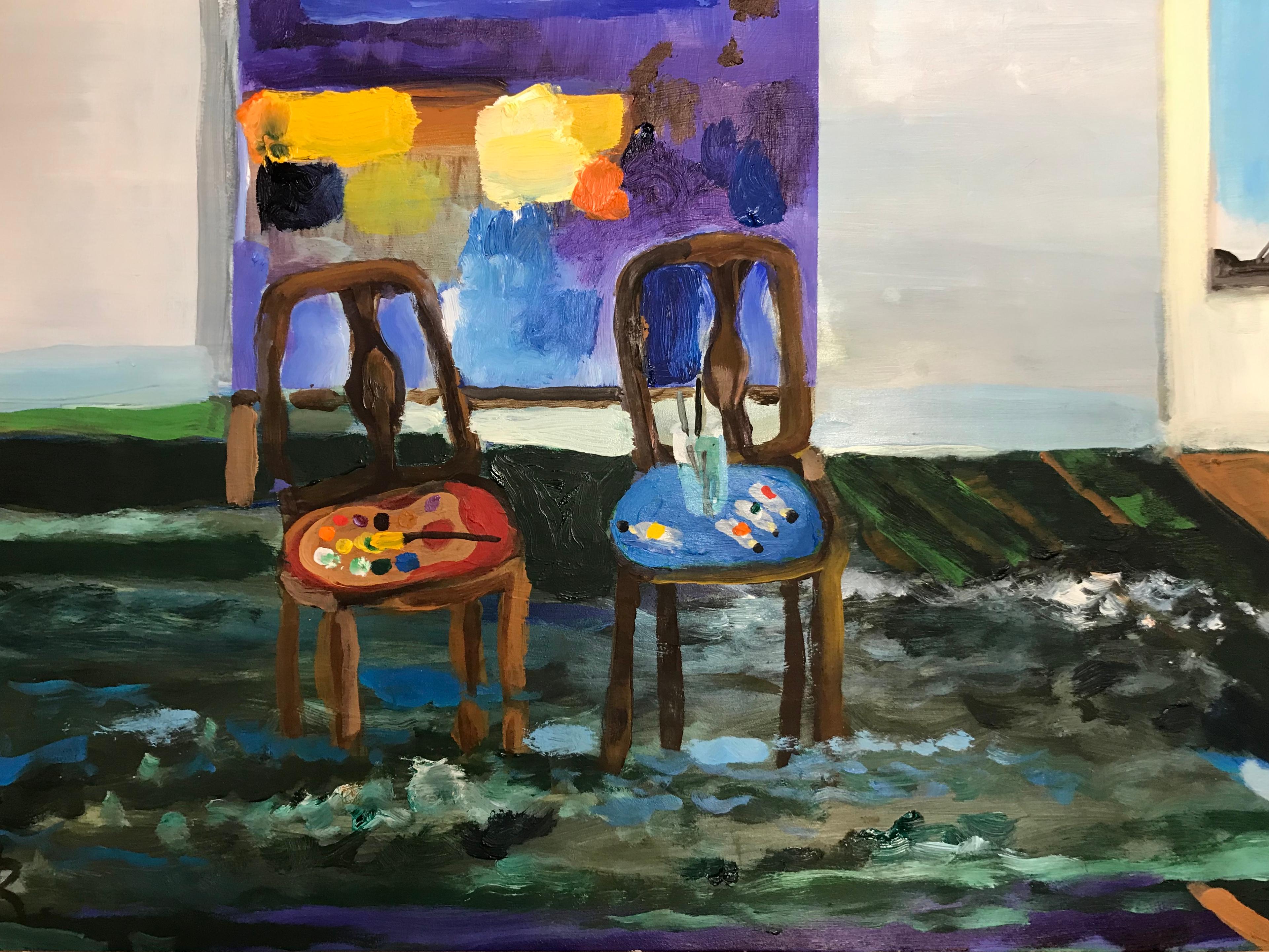 Alexandra Rozenman Interior Painting - "Flood in a Studio of an Abstract Painter", oil painting, interior, chairs, blue