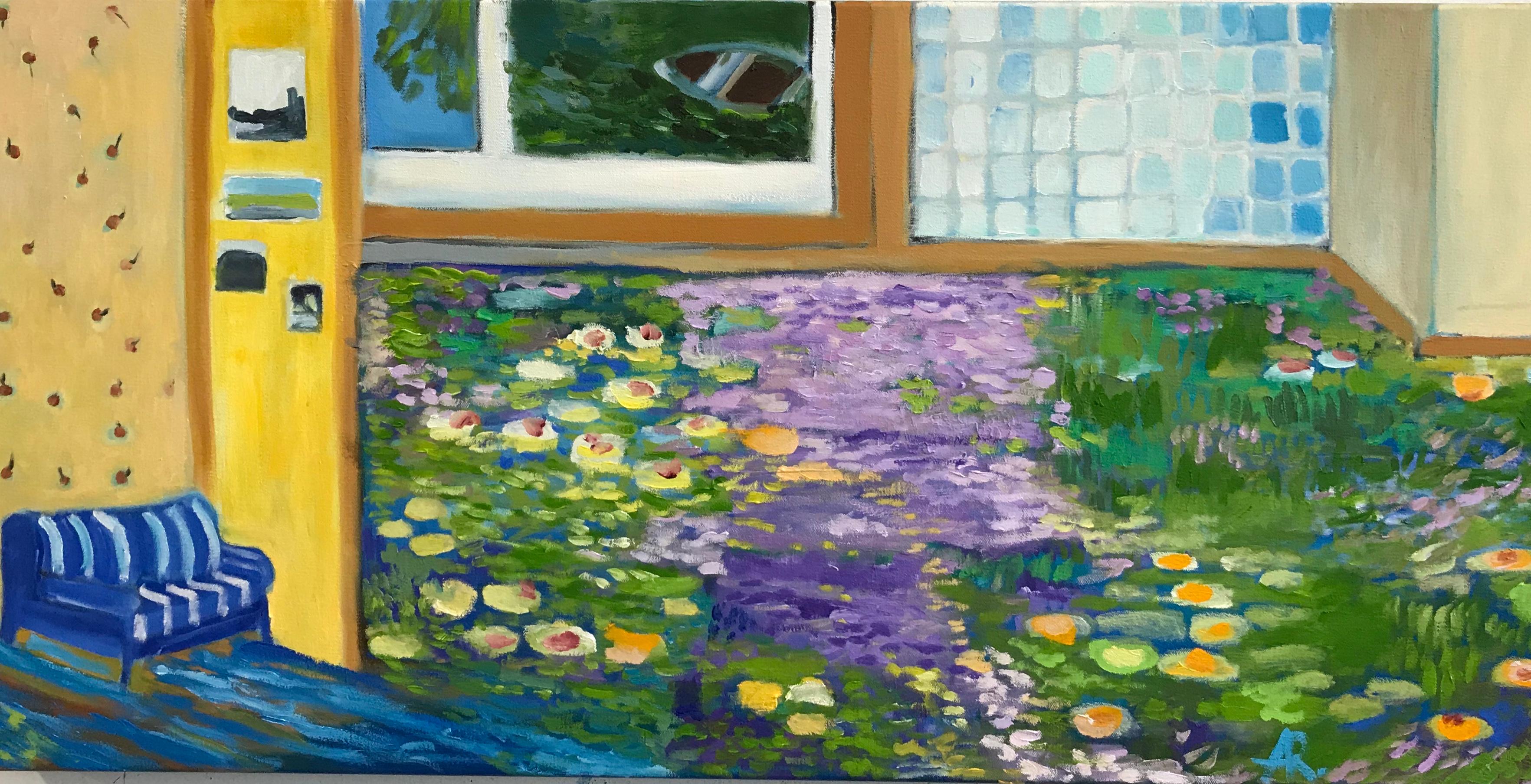 "Flood in Giverny", surreal, lily ponds, Monet, landscape, blue, oil painting - Painting by Alexandra Rozenman