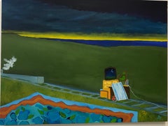 "Chambre à coucher oubliée", contemporain, champ, coucher de soleil, verts, bleus, peinture à l'huile.