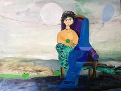 Used "Holding an Apple", oil painting, landscape, chair, moon, blue, green