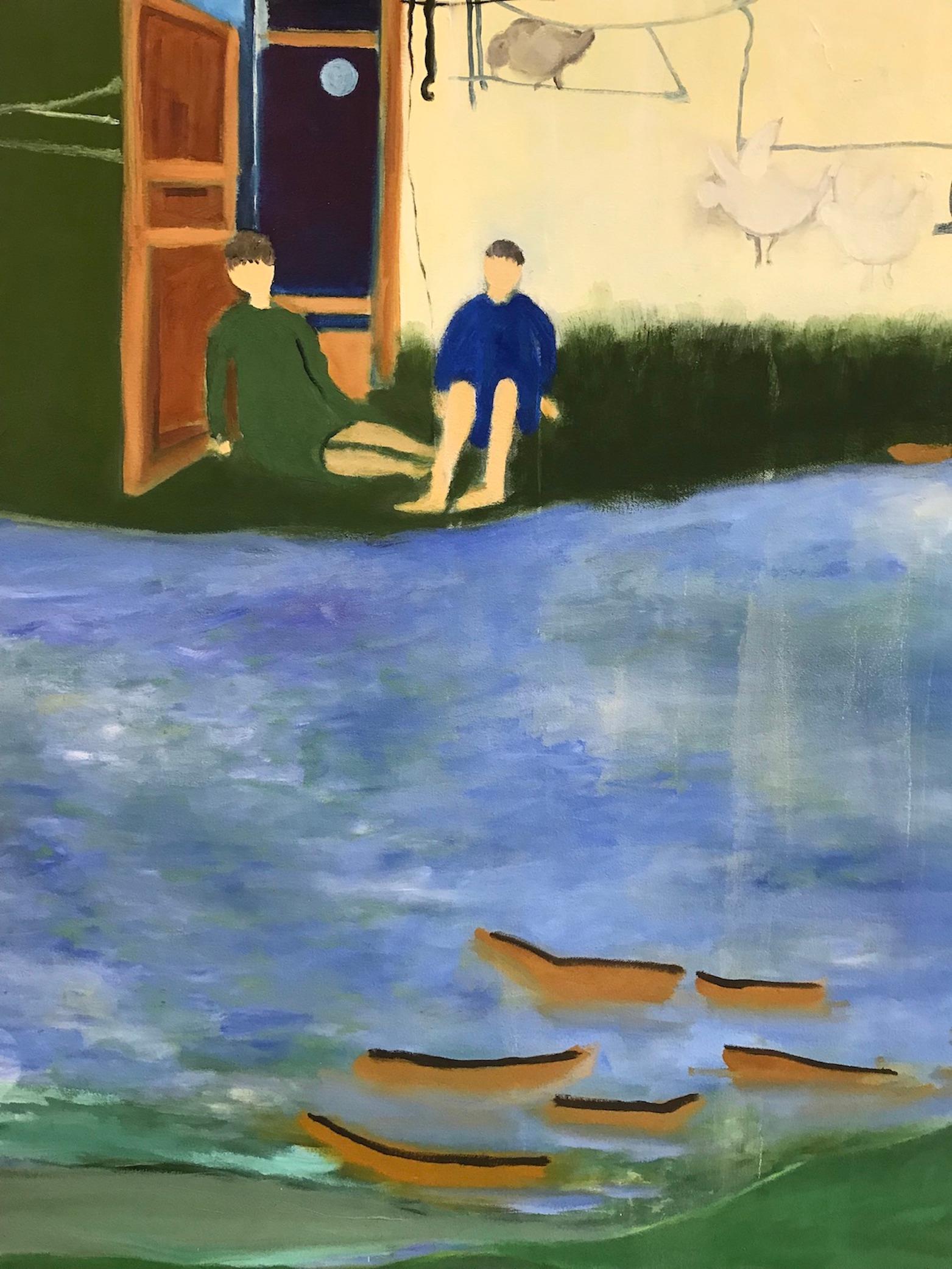 „Longitude“, Landschaft, Boot, Fluss, Blau, Grün, Berge, Ölgemälde (Zeitgenössisch), Painting, von Alexandra Rozenman