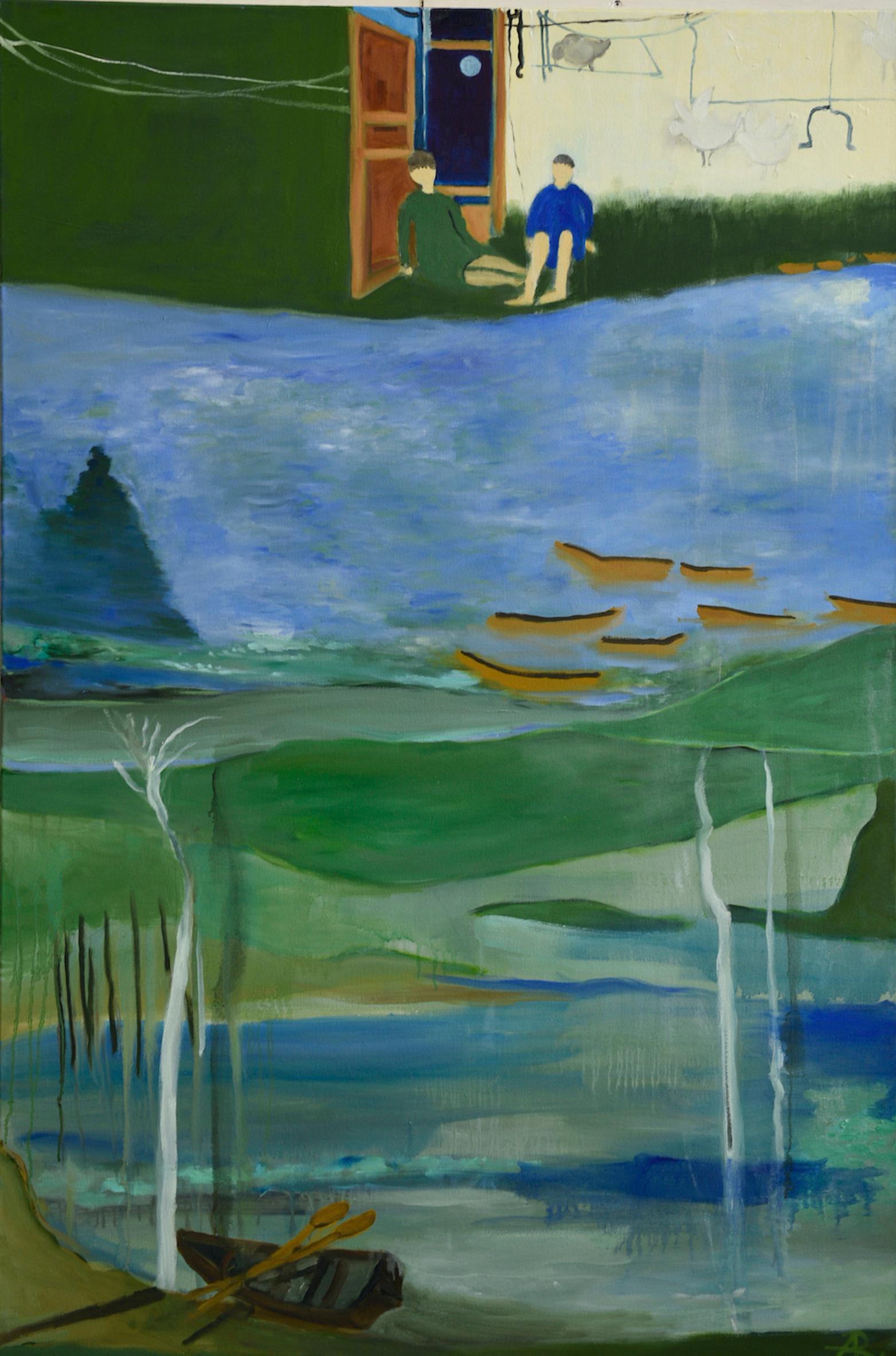 „Longitude“, Landschaft, Boot, Fluss, Blau, Grün, Berge, Ölgemälde – Painting von Alexandra Rozenman