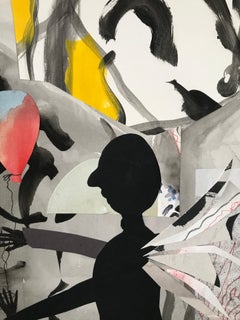 "Magic Balloon", watercolor, collage, black cut-out, mixed media, orange, red