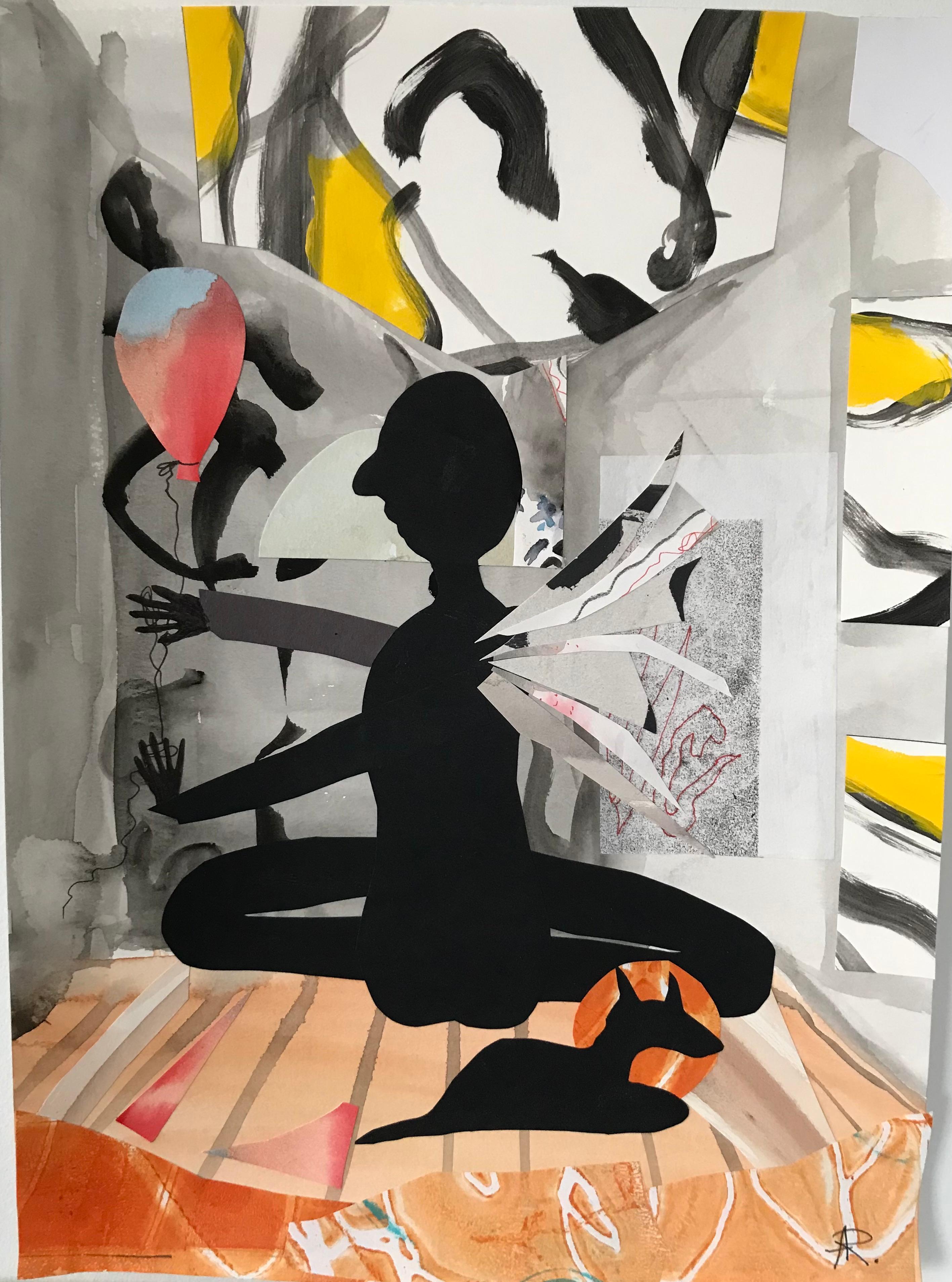 Alexandra Rozenman Interior Painting - "Magic Balloon", watercolor, collage, black cut-out, mixed media, orange, red