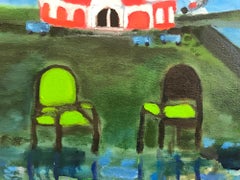 "Morning of the First Act", Contemporary Landscape, Circus, Chairs, Oil Painting