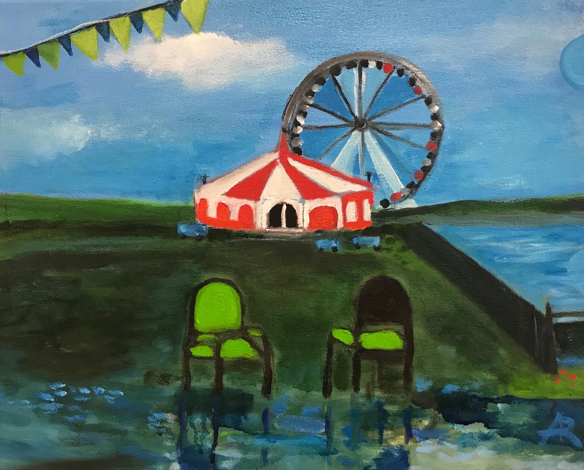 Alexandra Rozenman Landscape Painting - "Morning of the First Act", circus, chairs, green, blue, red, oil painting