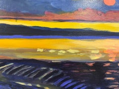 "Lune orange au-dessus de l'océan", paysage contemporain, coucher de soleil, peinture à l'huile