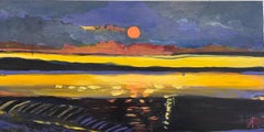 Alexandra Rozenman - "Orange Moon Above the Ocean", Contemporary Landscape, Sunset, Oil Painting "Orange Moon Above the Ocean", Contemporary Landscape, Sunset, Oil Painting