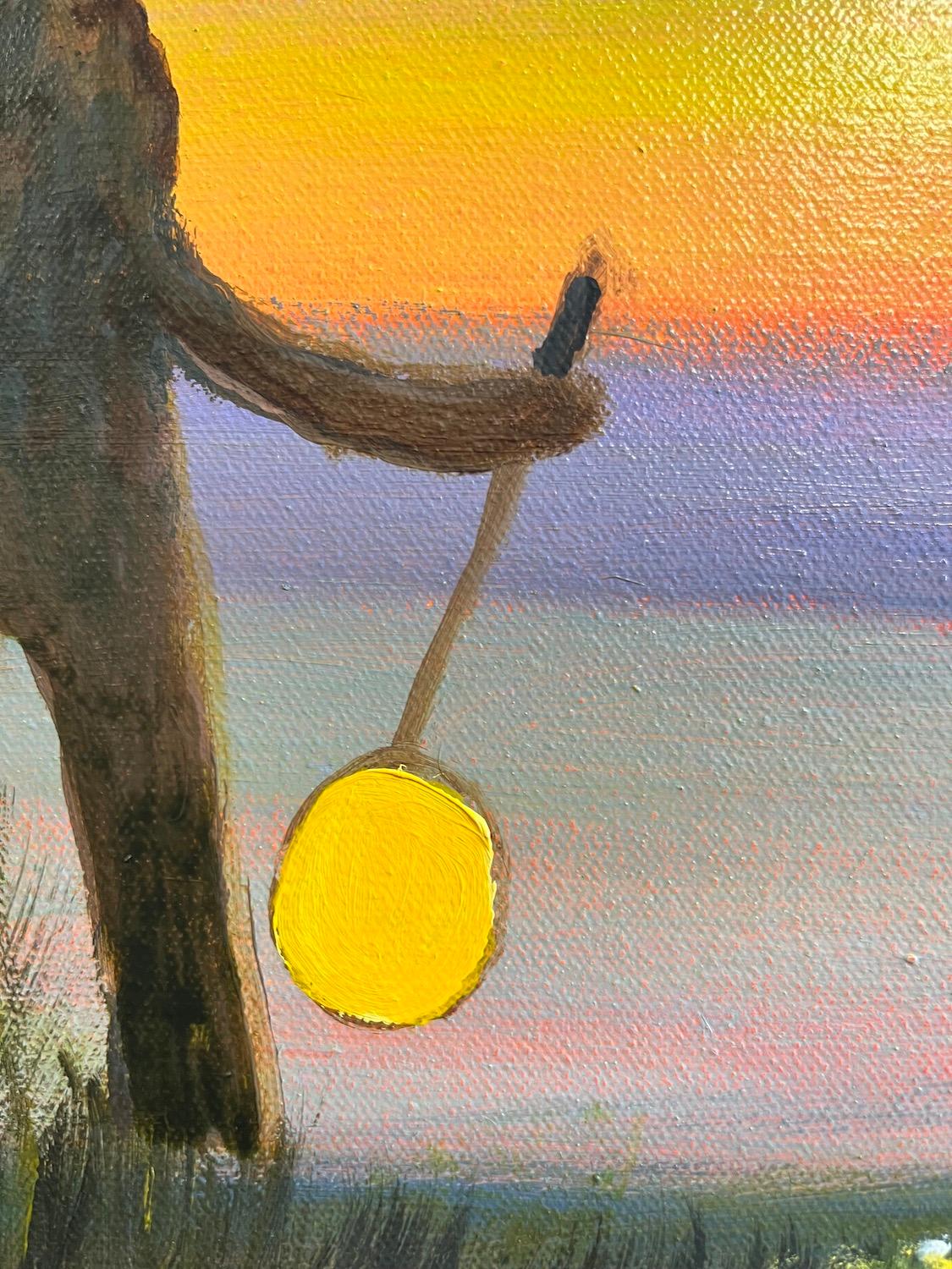 Alexandra Rozenman’s painting “Playing with Light” is 12 x 48 x 2 inch oil on canvas. It gives us a feeling that something magical is about to happen. This whimsical painting depicts two anthropomorphic animal figures – one light and one dark –