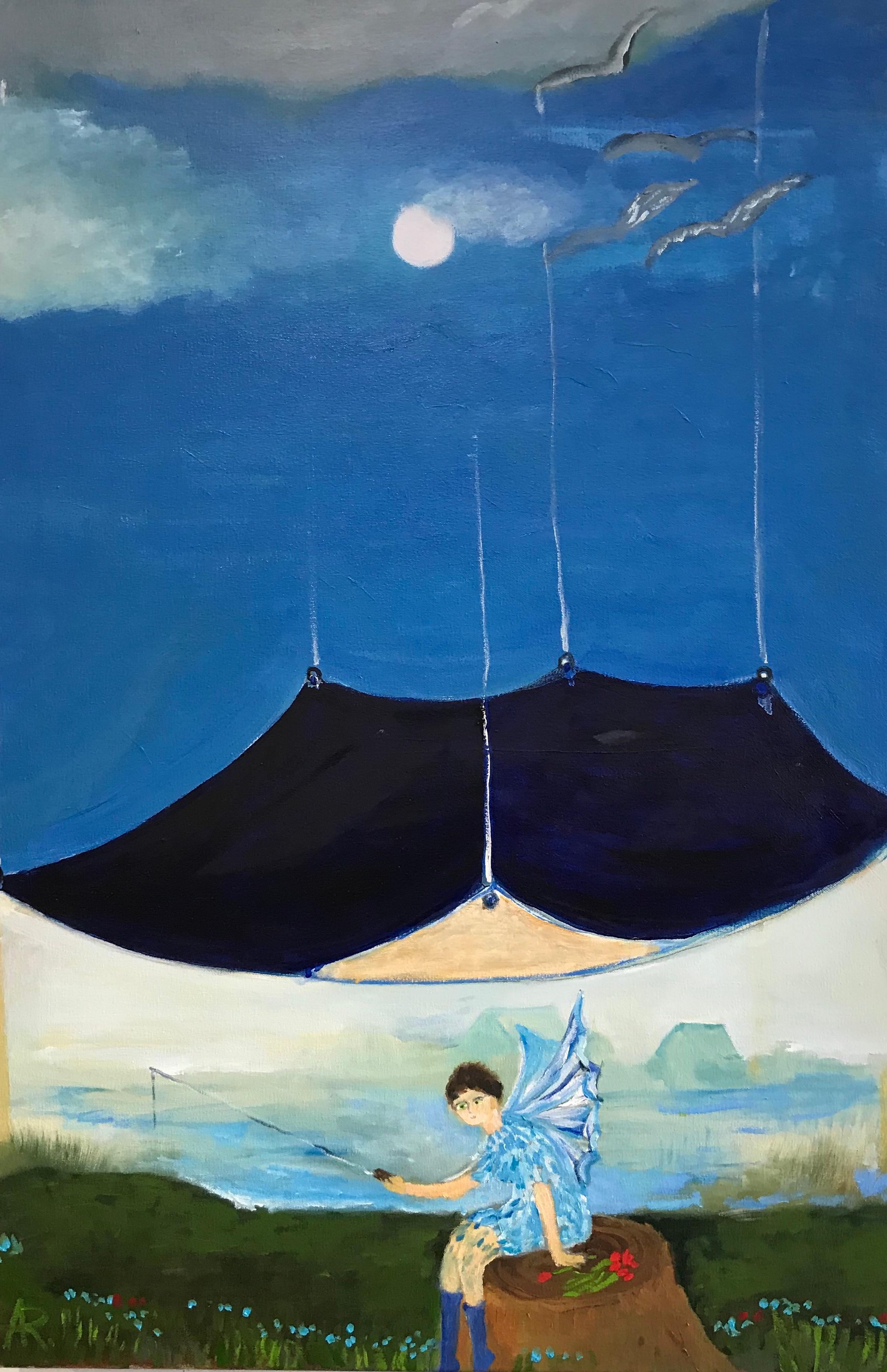 Alexandra Rozenman Landscape Painting - "Redon's Spirit", landscape, sky, blue, white, grey, green, oil painting