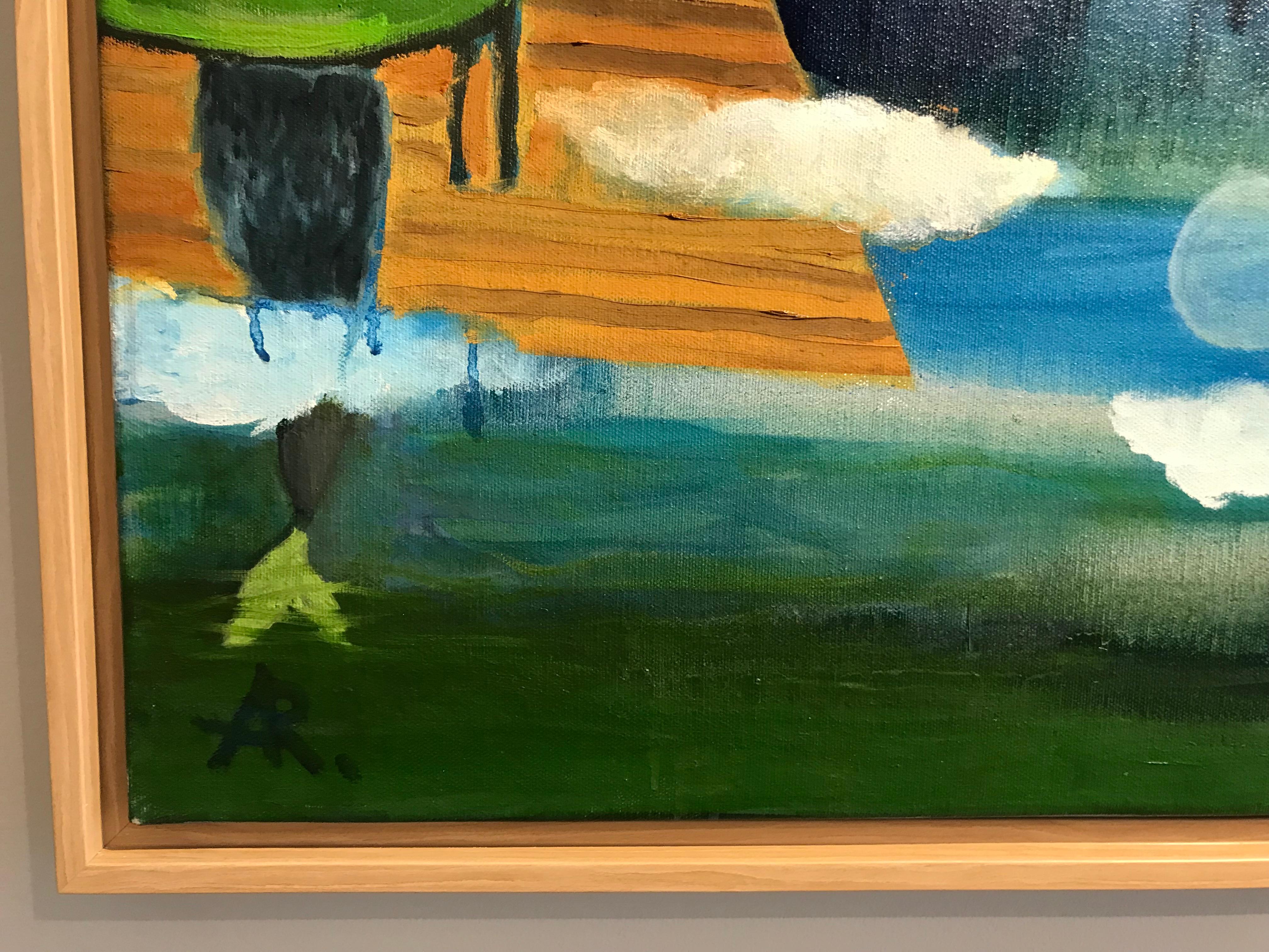 « Reflections », paysage, chat, violet, bleu, vert, lune, nuit, peinture à l'huile - Painting de Alexandra Rozenman