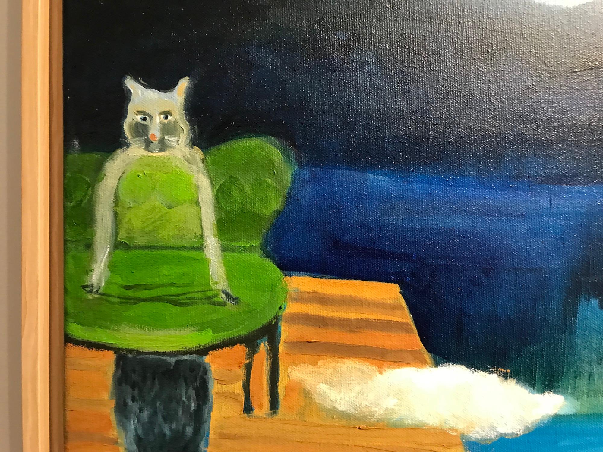 « Reflections », paysage, chat, violet, bleu, vert, lune, nuit, peinture à l'huile - Contemporain Painting par Alexandra Rozenman