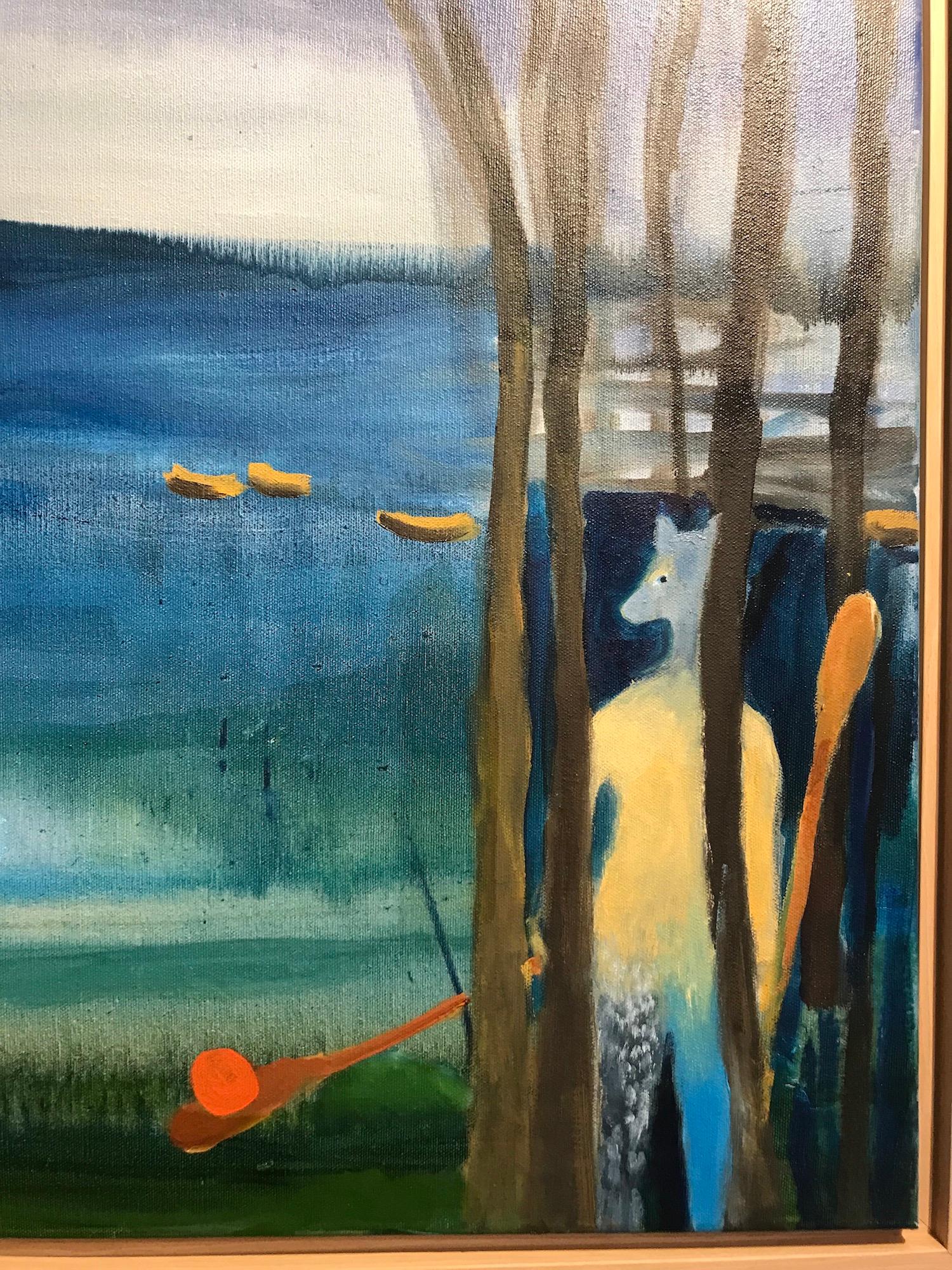 « Reflections », paysage, chat, violet, bleu, vert, lune, nuit, peinture à l'huile - Bleu Landscape Painting par Alexandra Rozenman