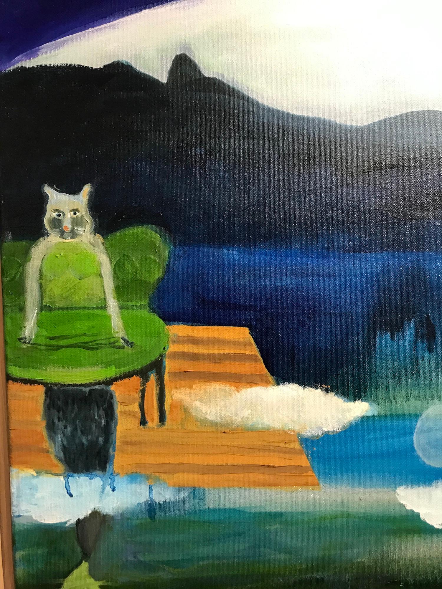 « Reflections », paysage, chat, violet, bleu, vert, lune, nuit, peinture à l'huile en vente 2