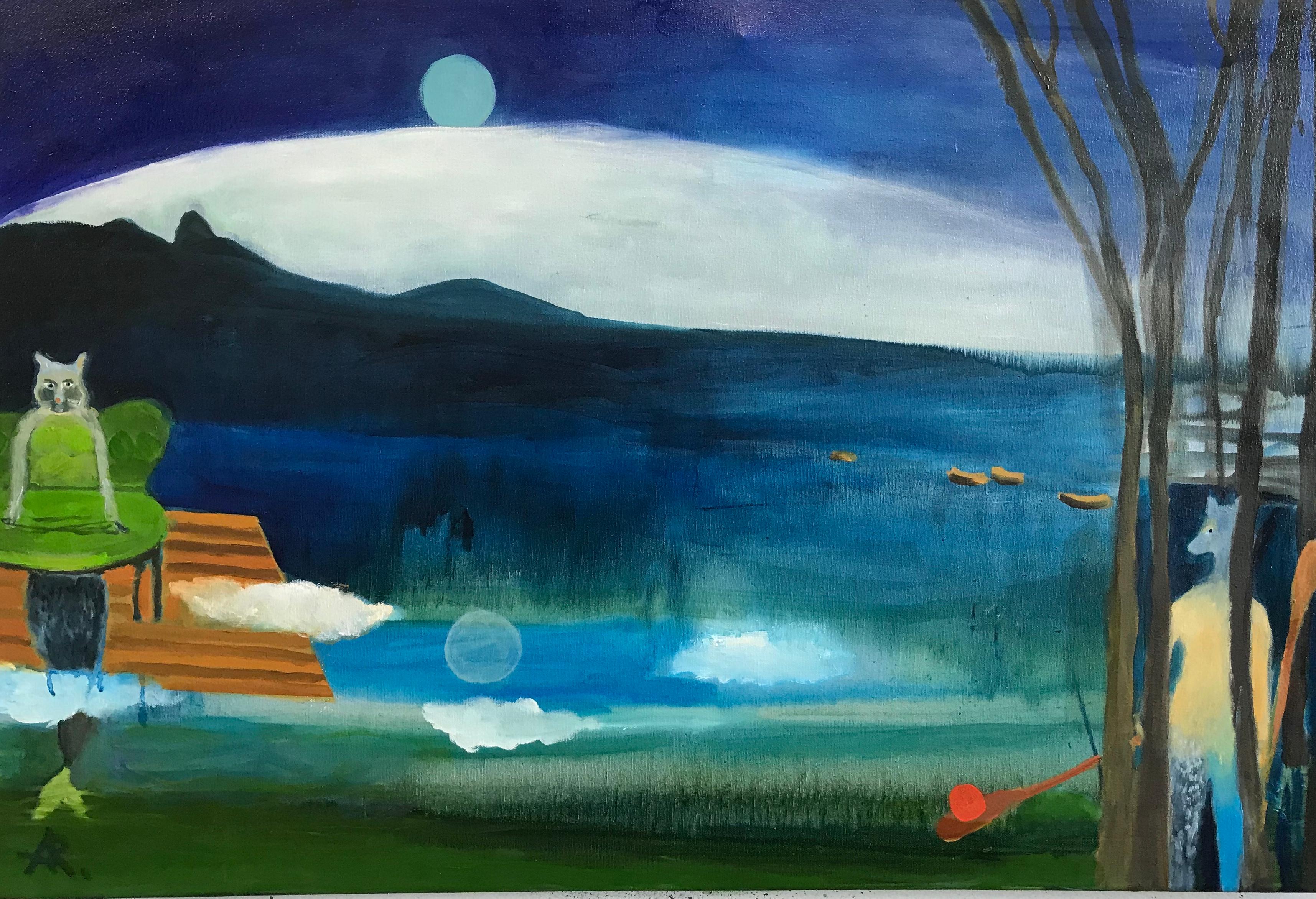 Alexandra Rozenman Landscape Painting - "Reflections", landscape, cat, purple, blue, green, moon, night, oil painting